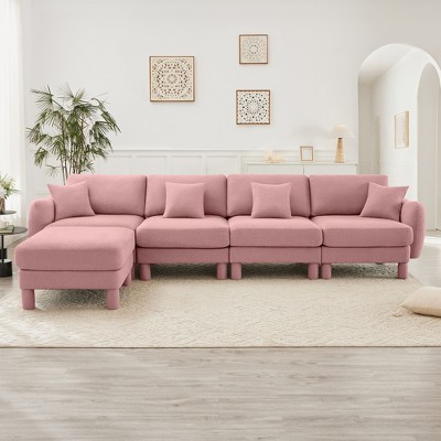 Boucle Fabric Convertible L-Shaped Sectional Sofas with Shell-Shaped Armrests, Removable Ottoman, and Wrapped Cylindrical Legs