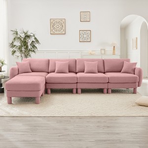 Boucle Fabric Convertible L-Shaped Sectional Sofas with Shell-Shaped Armrests, Removable Ottoman, and Wrapped Cylindrical Legs - 1 of 4
