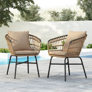 2 Pcs Outdoor Seats With Water Resistant Cushion, Patio Outdoor Wicker Rattan Dining Chairs, Bistro Chairs With Metal Frame - 1 of 4