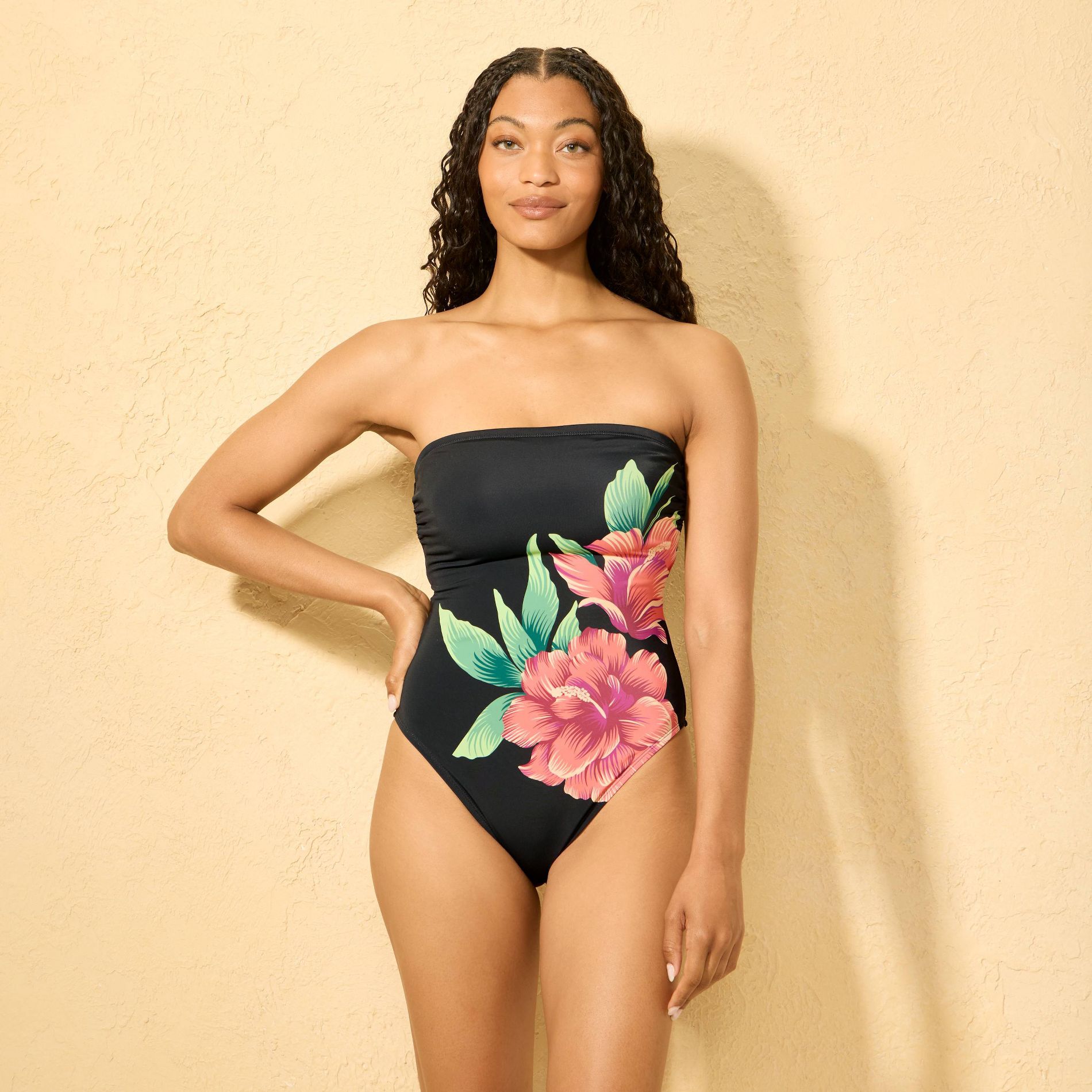 Women's Placed Floral High Leg Medium Coverage One Piece Swimsuit - Shade & Shore™ Black
