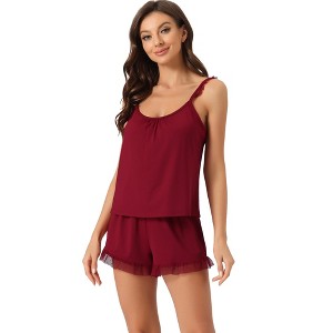 cheibear Women's Solid Color Round Neck Lace Trim Sleeveless Camisole Tops with Shorts Pajama Sets - 1 of 4
