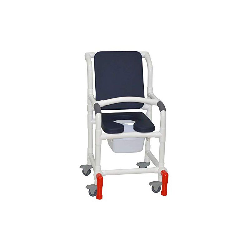 MJM International Corporation Shower chair 18 in width 3 in total locking casters seat BLUE cushion padded back 10 qt slide mode 300 lb wt, 1 of 2
