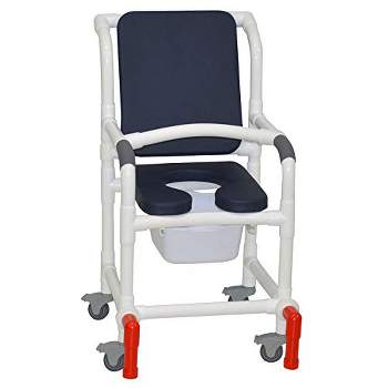 MJM International Corporation Shower chair 18 in width 3 in total locking casters seat BLUE cushion padded back 10 qt slide mode 300 lb wt