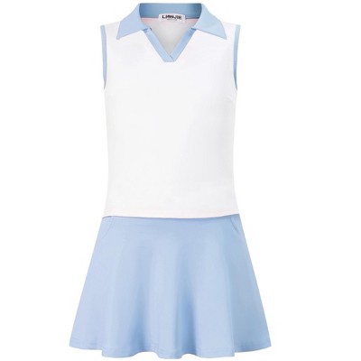 Kids Girls Tennis Golf Dress Outfit Sleeveless Dress with Pockets Athletic Skorts and Polo Tank Top Sets