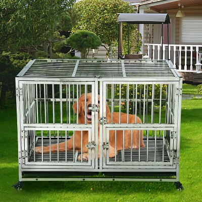 Garvee 48 Inch Heavy Duty Stainless Steel Dog Crate with Double Doors Removable Trays and Wheels