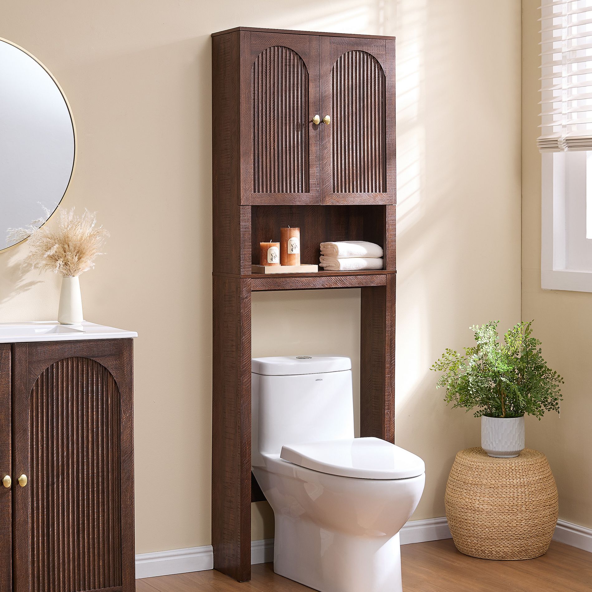 72" Over The Toilet Storage Cabinet with Fluted Arched Doors, Freestanding Bathroom Organizer with Adjustable Shelf, Brown