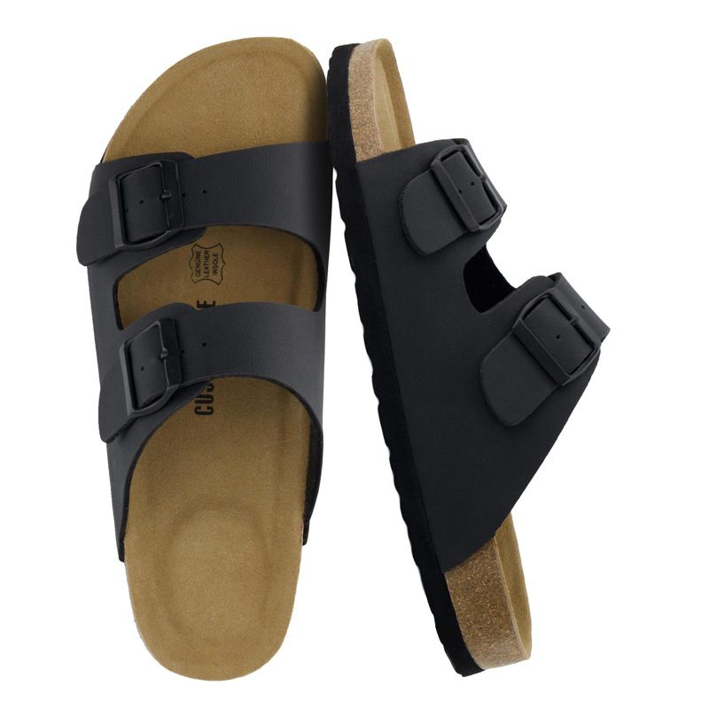 CUSHIONAIRE Lane Cork Footbed Mens Sandals, Adjustable Buckle Comfort Slides for Men, Genuine Leather Insole Summer Sandals Black 8