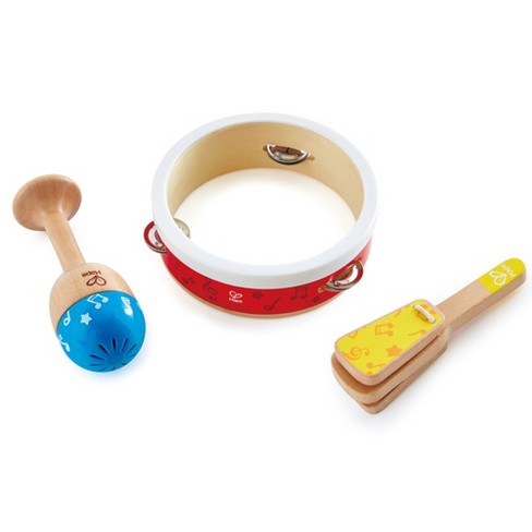 Hape E0615 Kids Toddler Preschool 3 Piece Wooden Musical Instrument Toy Junior Percussion Set with Tambourine, Maraca Shaker, and Clapper - image 1 of 4