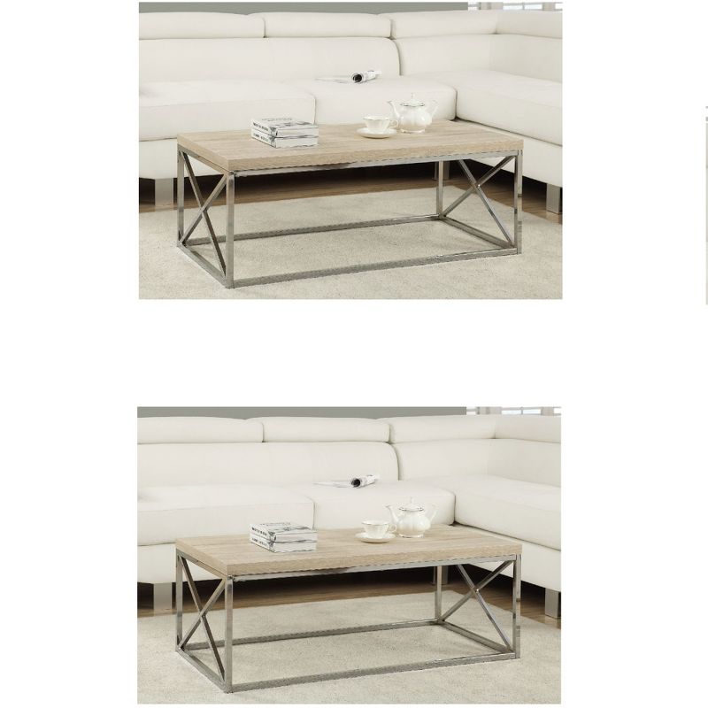 Monarch Natural Wood-Look Finish Chrome Metal Contemporary Coffee Table (2 Pack), 1 of 6