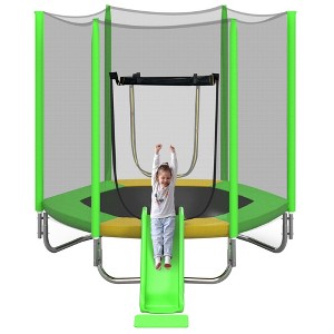 NAYSAYE Trampoline 7FT Trampoline for Kids with Safety Enclosure Net Slide and Ladder for Backyard Playtime, Green, 115"*84"*79" - 1 of 4