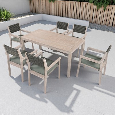 7-Piece Outdoor Patio Acacia Wood Dining Set with Rectangular Table and 6 Rattan Backrest Cushioned Chairs