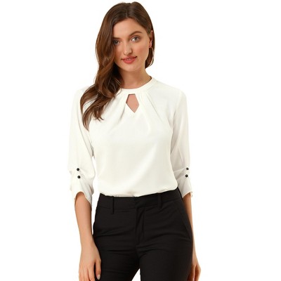 INSPIRE CHIC Women's Work Office Keyhole Pleated Front Ruched 3/4 Sleeve Chiffon Blouse