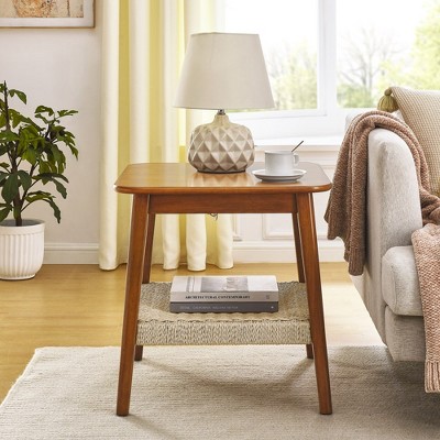 23" Mid-Century Side Table with Woven Shelf