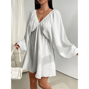 Women's V-Neck Mini Dress Long Lantern Sleeve Loose Fit Dress Open Back Dress - 1 of 3