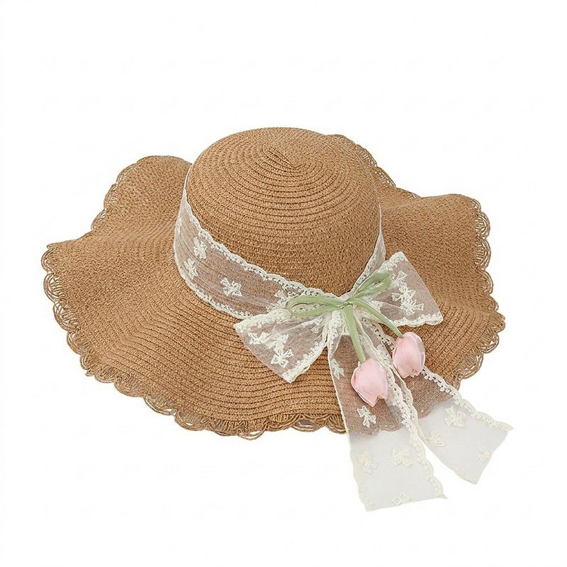Anna-Kaci Women's Wide Brim Straw Sun Hat with Scalloped Edge Lace Bow and Floral Accent - Brown