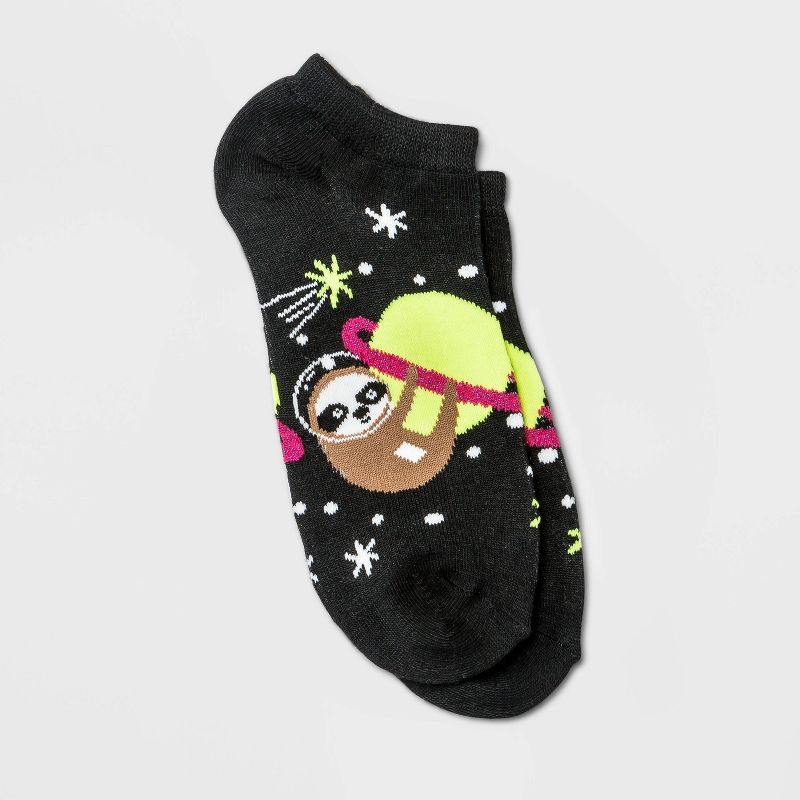 Women&#39;s Sparkly Space Sloth Low Cut Socks - Xhilaration&#8482; Black 4-10, 1 of 3