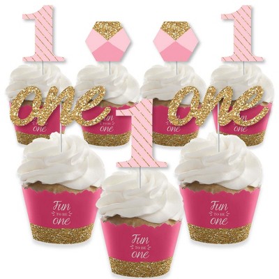 Big Dot of Happiness 1st Birthday Girl - Fun to be One - Cupcake Decoration - First Birthday Party Cupcake Wrappers and Treat Picks Kit - Set of 24