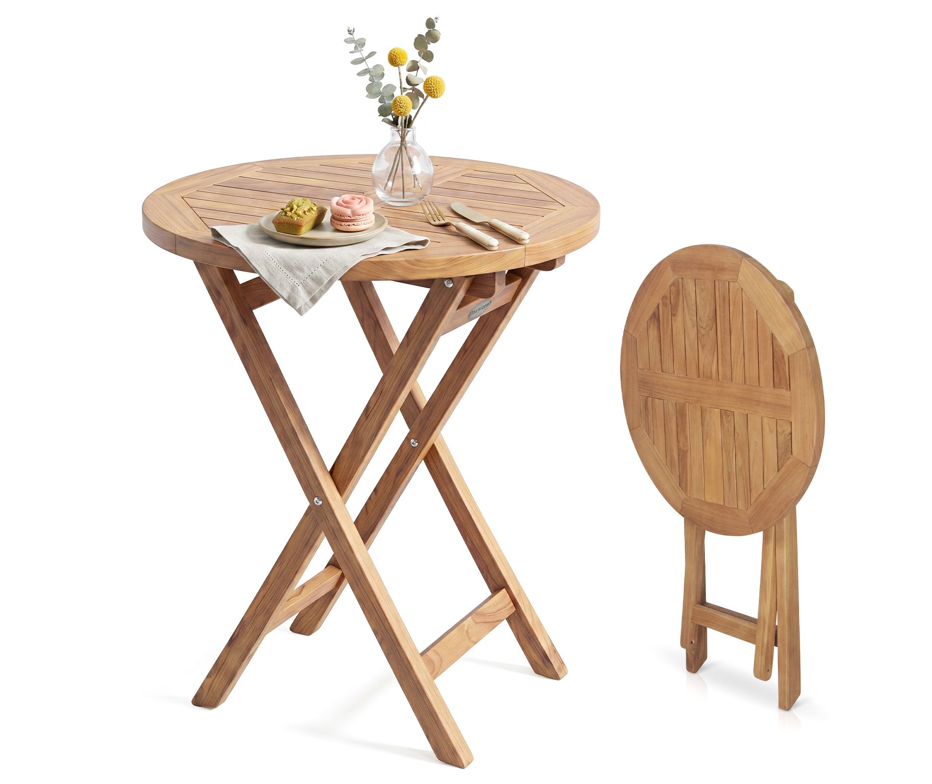 Costway 24” Round Solid Teak Outdoor Folding Bistro Table with Footrest for Balcony, Garden