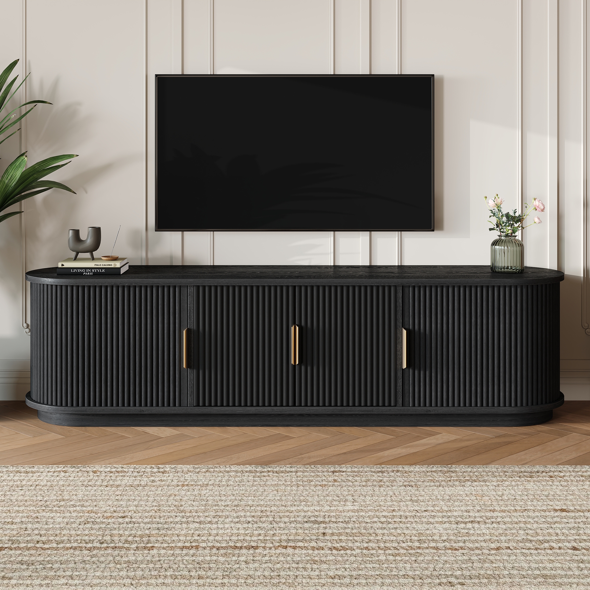 TV Stand for TVs up to 75", TV Console Media Console TV Cabinet Media Entertainment Center with Adjustable Shelves & Sliding Door, Black - ModernLuxe