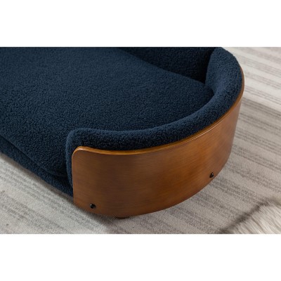 Gulches Scandinavian Style Medium-sized Dog Pet Sofa with Solid Wood Legs, Curved Walnut Wooden Back, Velvet Cushion in Dark Blue