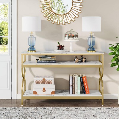 White and Gold Faux Marble 55" Console Table with Storage Shelves
