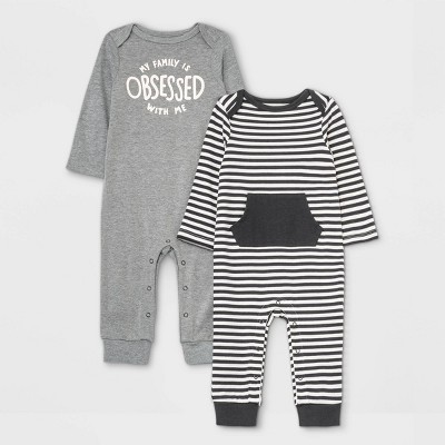 Image of Baby Girls' 2pk 'Obsessed' Long Sleeve Romper - Cat & Jack™ Gray 3-6M