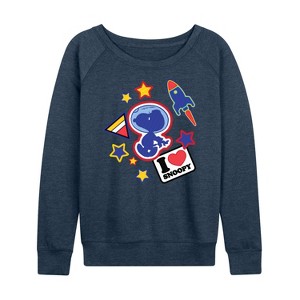 Women's - Peanuts - Space Snoopy Flair Lightweight French Terry Wide Neck Long Sleeve Shirt - 1 of 4