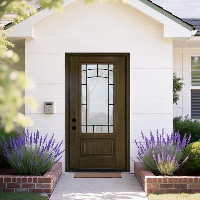 36 x 80 Smooth Fiberglass Entry Door, Vinyl Frame, Smooth Brush Dark Brown, 3/4 View Frosted Glass