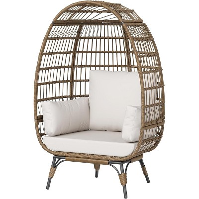 Outdoor Patio Wicker Egg Chair, PE Rattan Chair with Thick Cushion, Oversized Indoor Outdoor Lounger, Egg Shaped Seat with Metal Stand, Beige