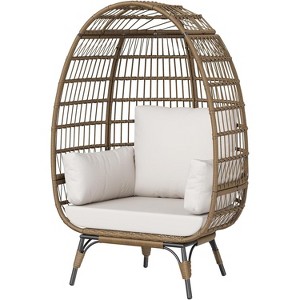 Outdoor Patio Wicker Egg Chair, PE Rattan Chair with Thick Cushion, Oversized Indoor Outdoor Lounger, Egg Shaped Seat with Metal Stand, Beige - 1 of 4