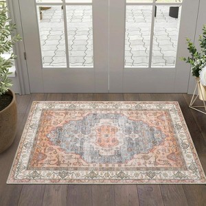 Washable Vintage Boho Floral Area Rug - Non-Slip Low Pile Soft Indoor Carpet for Bedroom, Living Room, Dining Room, Office - 1 of 4