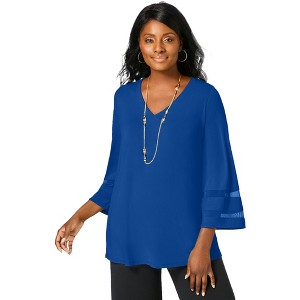 Jessica London Women's Plus Size Stretch Knit Mesh Inset Sleeve Tunic - 1 of 4