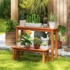 Tangkula Wooden Plant Stand Set of 2 w/ Teak Oil Finish Slatted Top Rustic Plant Rack - 3 of 4