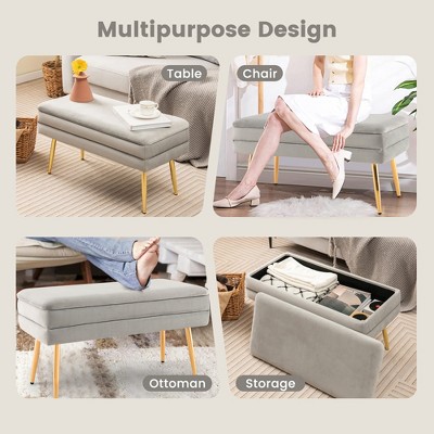 Grey Velvet Upholstered Storage Bench with Gold Metal Legs