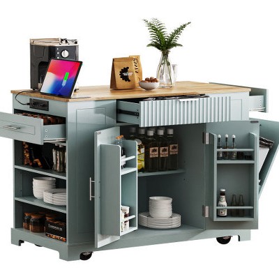 LunaLulinlk Fluted Kitchen Island with Trash Can Storage Cabinet, Power Outlet, Internal Storage Rack