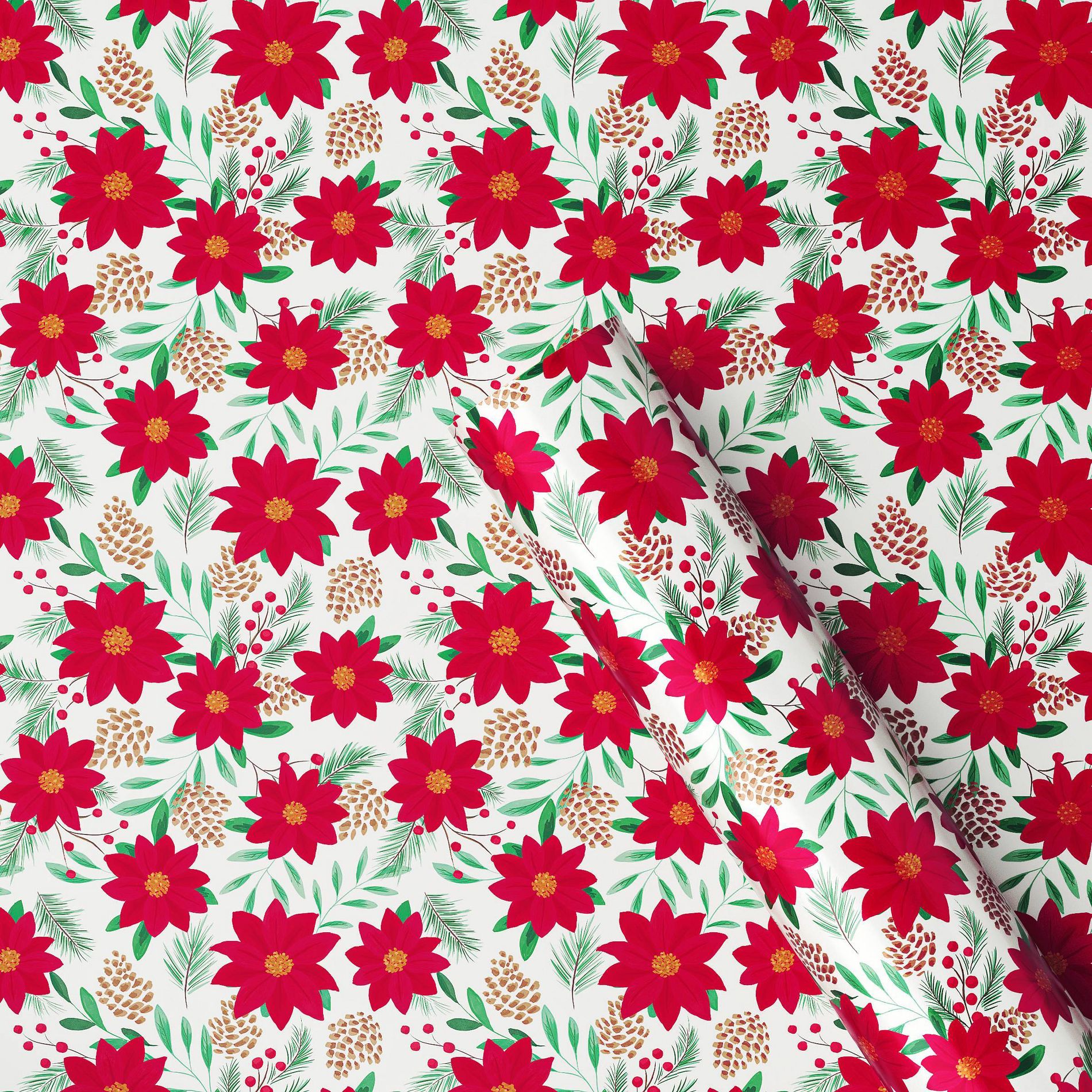 30" 50 sq ft Christmas Roll Wrap Poinsettia on Cream - Wondershop™
