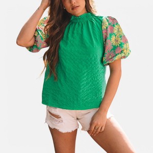 Amaryllis Women's Textured Mock Neck Blouse with Puff Floral Embroidered Sleeves Relaxed Fit - 1 of 4