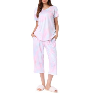 cheibear Women's Pajama Set Tie Dye Short Sleeve Capri Pants Lounge Sets with Pockets - 1 of 4