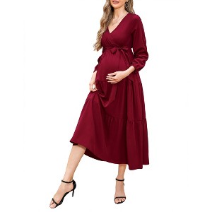 V-neck flared sleeve short sleeved long maternity dress - 1 of 1