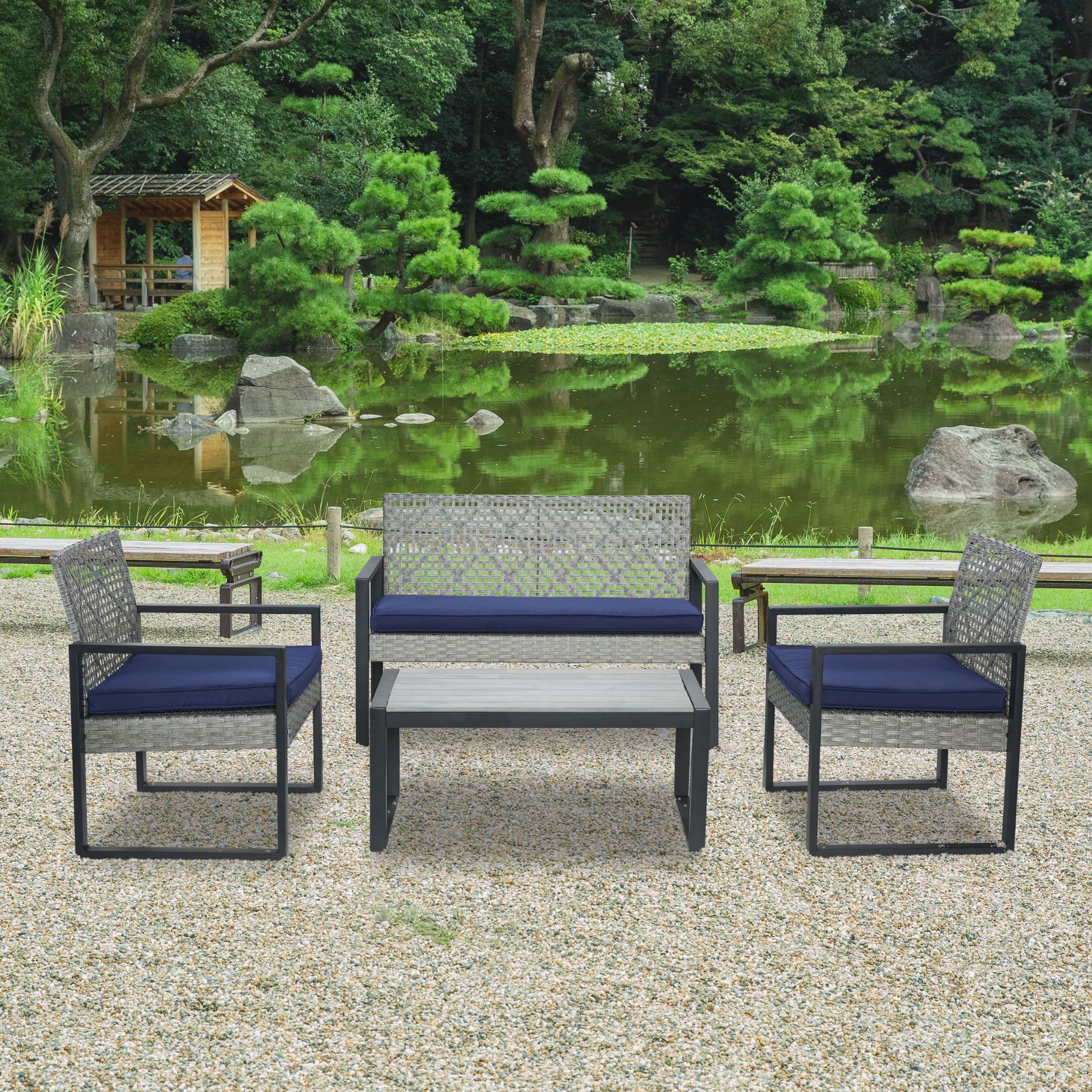 Gulches 4-Piece Patio Furniture Set, Gray Acacia Wood Table & Light Gray PE Rattan Chairs, Blue Cushions, Weather-Resistant