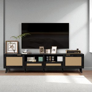 Rattan TV Stand for 85-Inch TVs, 78.74" Media Console with Storage Cabinets, Open Shelves, Solid Wood Feet & Cable Management - 1 of 4