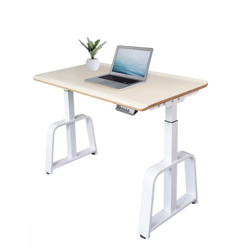 Stand Up Desk Store 48 Crank Adjustable Height Split Level Drafting Table Ergonomic Desk with Monitor Shelf (White/Birch)