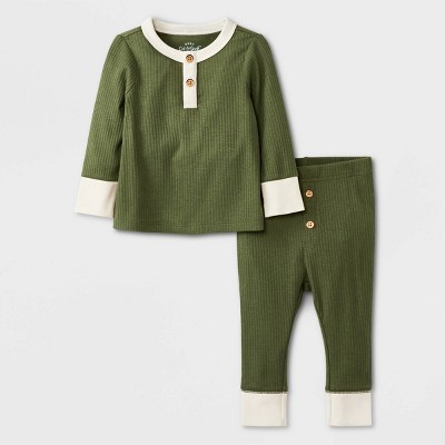 Image of Baby Boys' 2pc Ribbed Henley Top & Bottom Set - Cat & Jack™ Olive Green Newborn