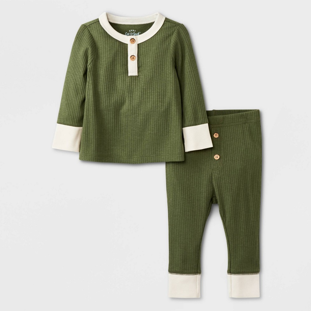 Baby Boys' 2pc Ribbed Henley Top & Bottom Set - Cat & Jack Olive Green 18M