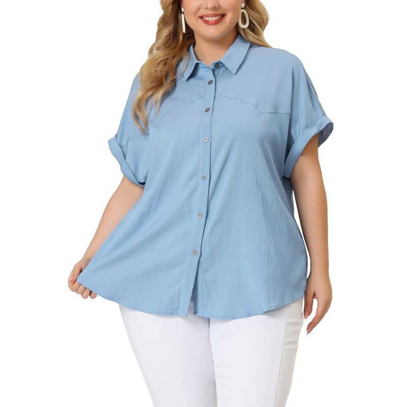 Agnes Orinda Women's Plus Size Chambray Work Roll Sleeves Buttons Down Shirts, 4 of 7