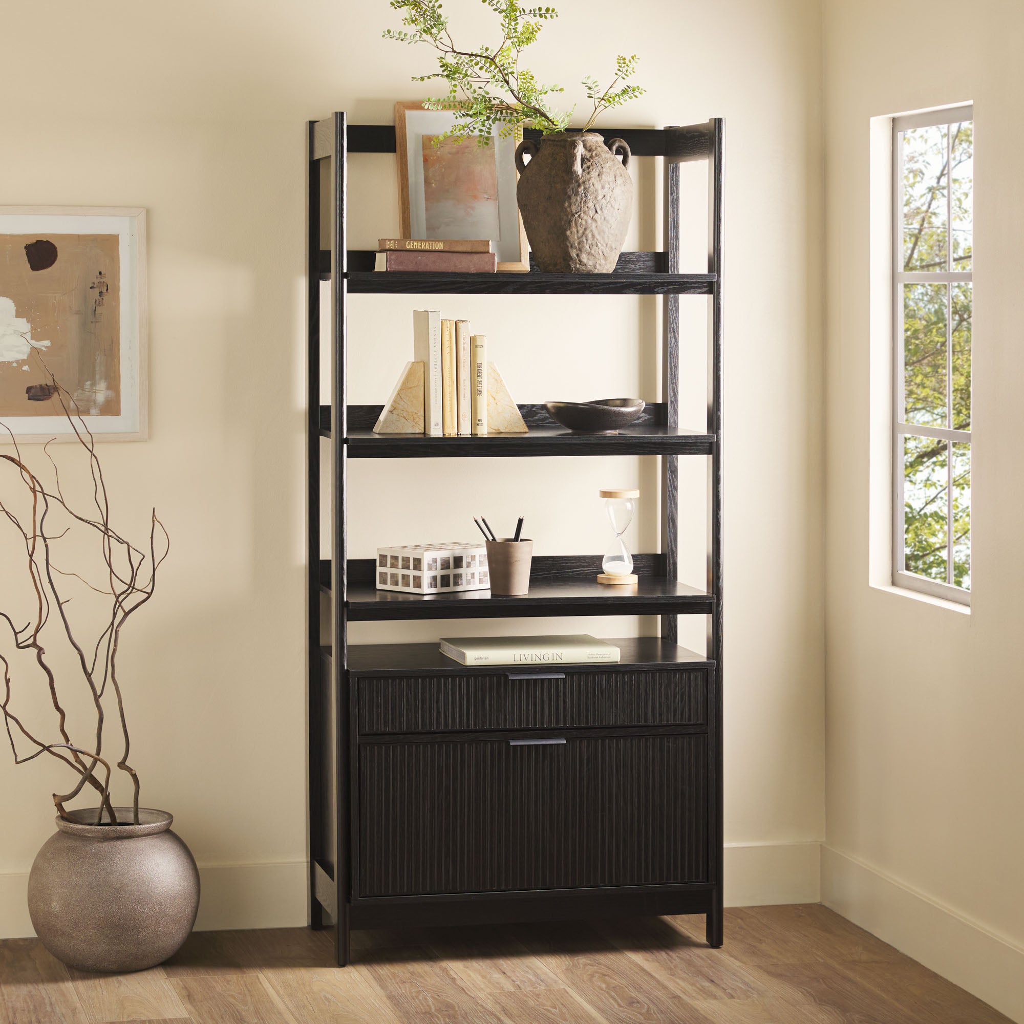 Transitional Wide Reeded Bookshelf with Drawers on Bottom Black