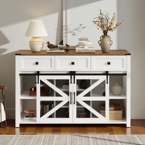 Mshliw 55" Sliding Barn Door Sideboard Buffet Cabinet with 3 Drawers, Adjustable Shelves, Metal Mesh Doors & Aluminum Handles for Dining Room - 1 of 4