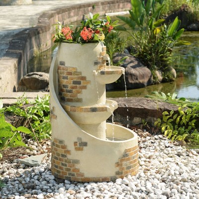 Ivory 3-Tier Cascading Outdoor Water Fountain with Planter and LED Lights