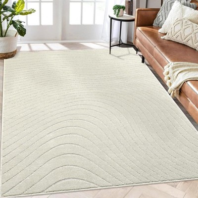 Coolmee Modern Living Room Rug Curve Geometric Rug Boho Area Rug for Bedroom Minimalist Office Throw Rugs High Low Texture Carpet
