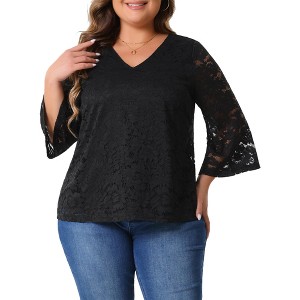 Agnes Orinda Women's Plus Size Lace 3/4 Sleeve Casual V Neck Dressy Blouse - 1 of 4
